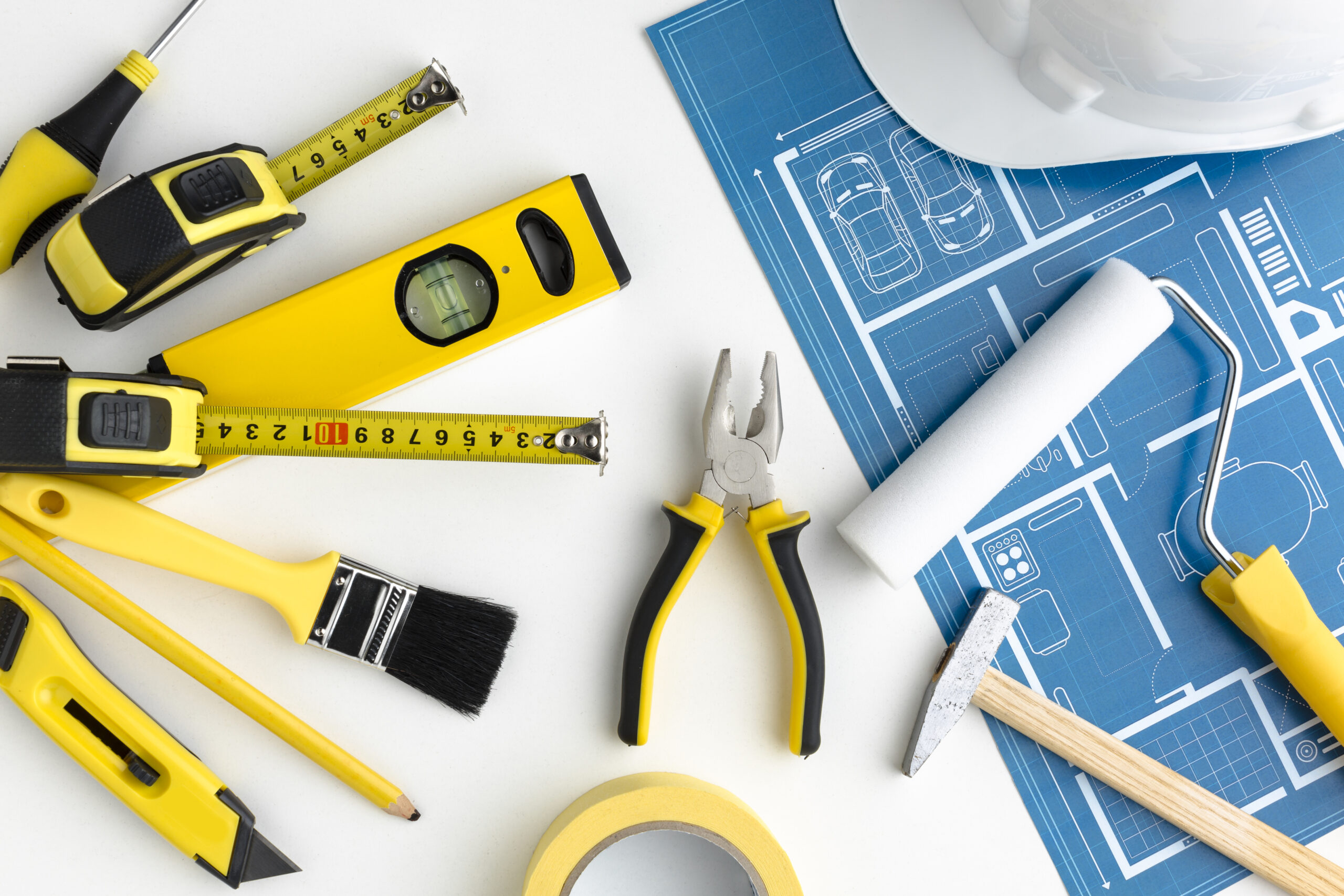blue print arrangement yellow repair tools scaled